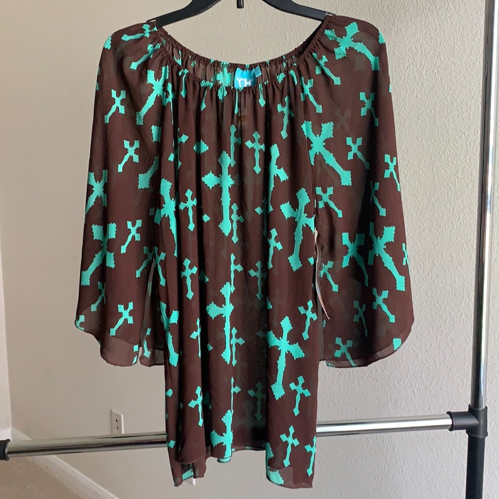 Brown and Turquoise Cross Blouse